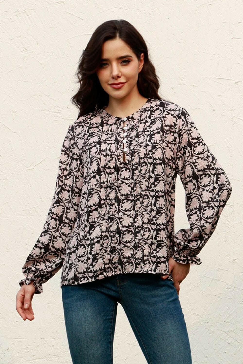Floral round neck blouse with flounce sleeves - Love Salve